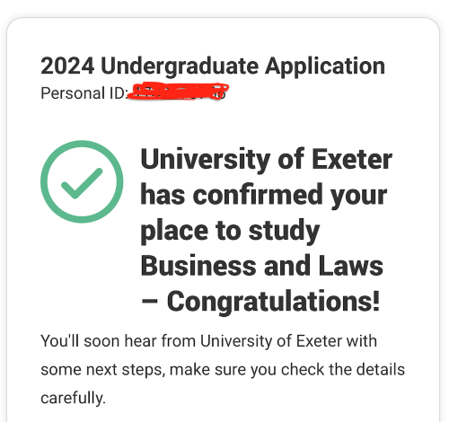 Screenshot of a student's UCAS acceptance to the University of Exeter